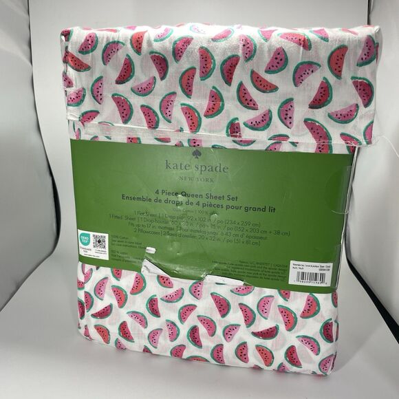Kate Spade 4 PC Queen Bed Sheet Set COLORFUL Watermelon Slices WHITE COTTON NEW - Picture 4 of 6